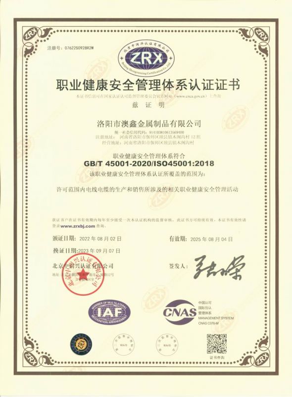 職業健康體系證書（中文）